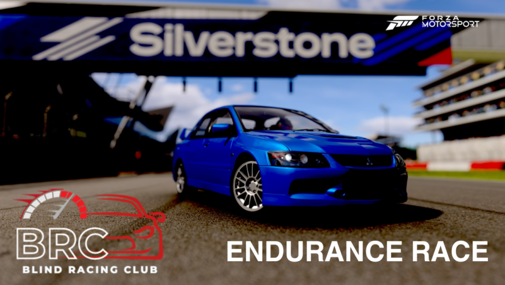 image containing a shiny blue mitsubishi evo 9 under a sign that says, silverstone