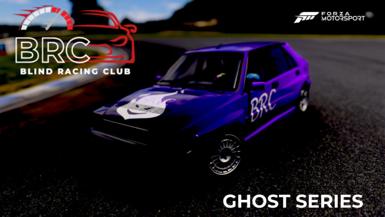 image of a lancia delta, in the purple livery colours of brc racing, with the brc logo top left and text saying ghost series in bottom right corner