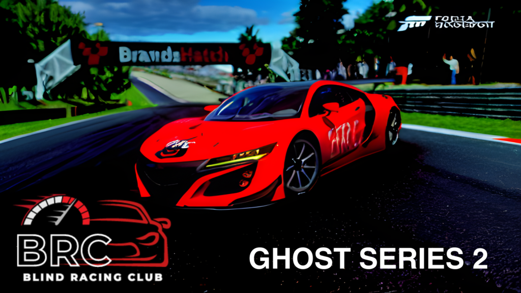 A red Acura NSX GT3 race car, with a bridge behind it with, Brands Hatch written across it, and text at the bottom saying, ghost series 2.