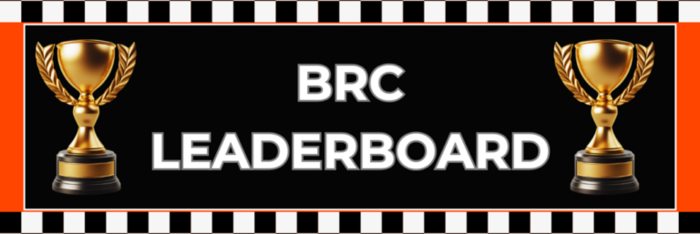 image contains text saying, brc leaderboard, with a fancy gold trophy to the left and the right of the text