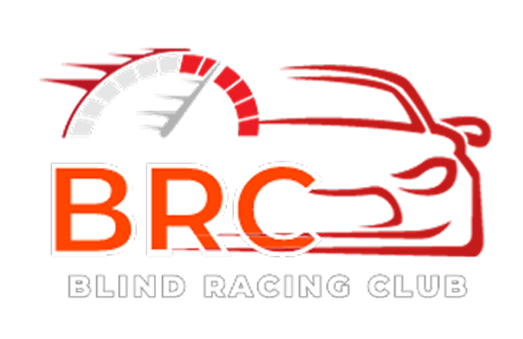 image containing, the blind racing club logo, which has the B R C letters in it, with bold red lettering and a white border on the letters and a tachometer above the letters with the needle in the red.