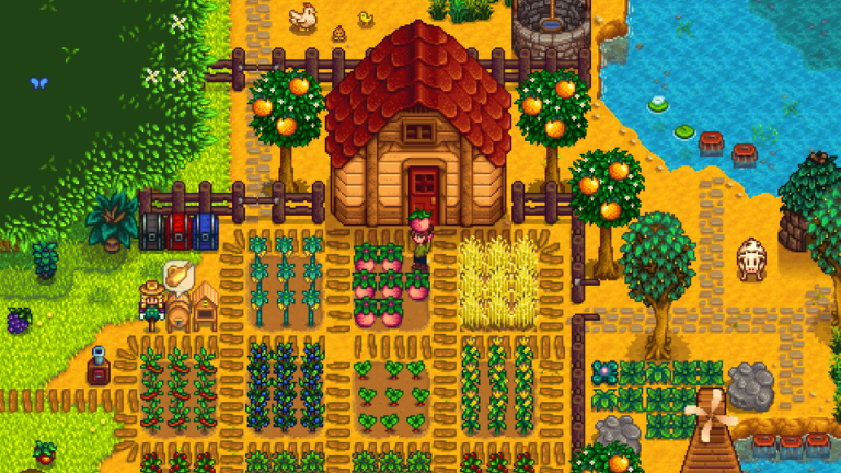 image containing an ingame view of a small farm with crops and femncing