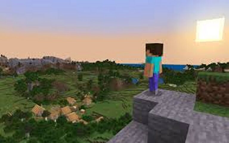 image of a player looking over a cliff, with the minecraft world spread out before them.