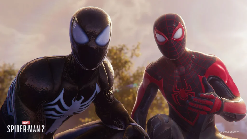 image contains Miles and peter in their respective spiderman suits.