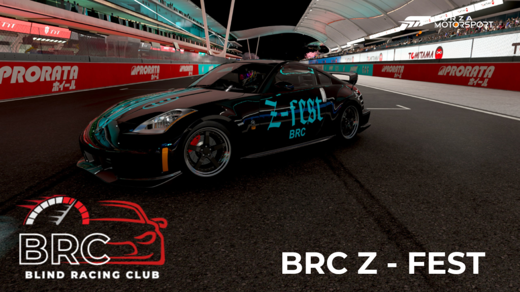 image contains a black nissan 350Z with teal BRC logos at night time with many track lights and crowds of people in the stands.